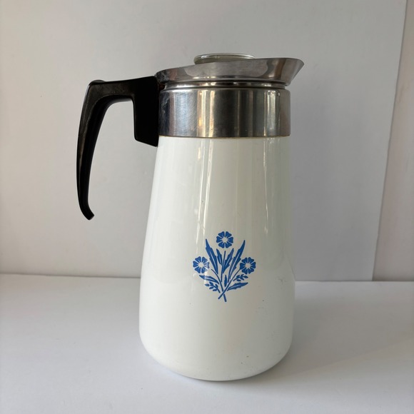 Vtg Corning Ware 9 Cup Percolator Coffee Tea Pot White Blue Floral Set - Picture 2 of 12